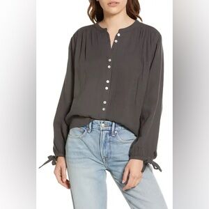 Faherty Everleigh Organic Cotton Gauze Button Front Blouse Oversized M Gray
